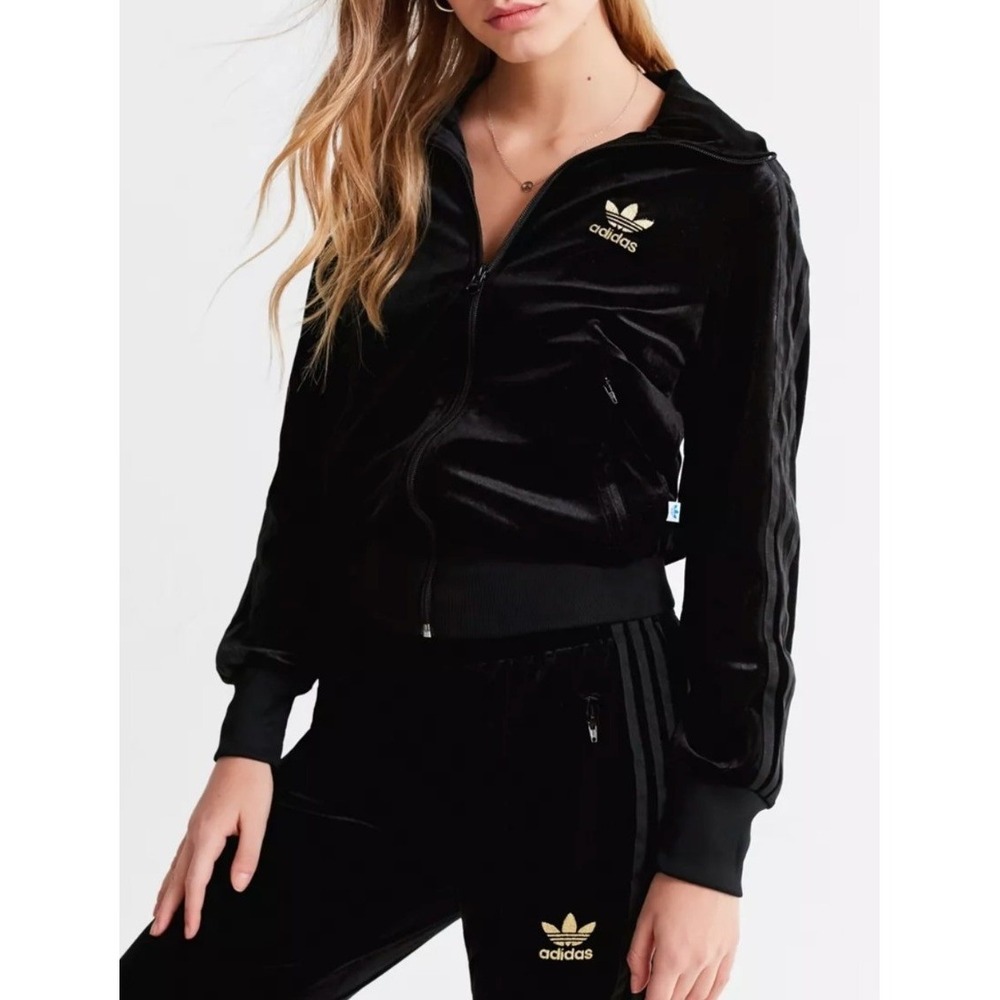 Adidas Originals Womens Black Velour Tracksuit Gold Trefoil Logo Set Size M EUC